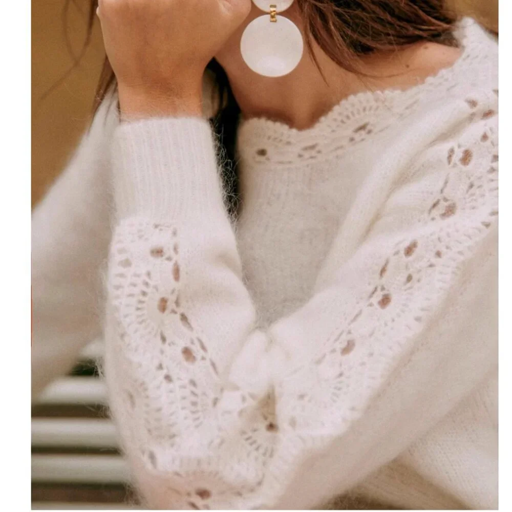 BEST Sezane Stacy Jumper Sweater Medium Ecru Ivory French Wool Mohair Knit - Picture 3 of 10
